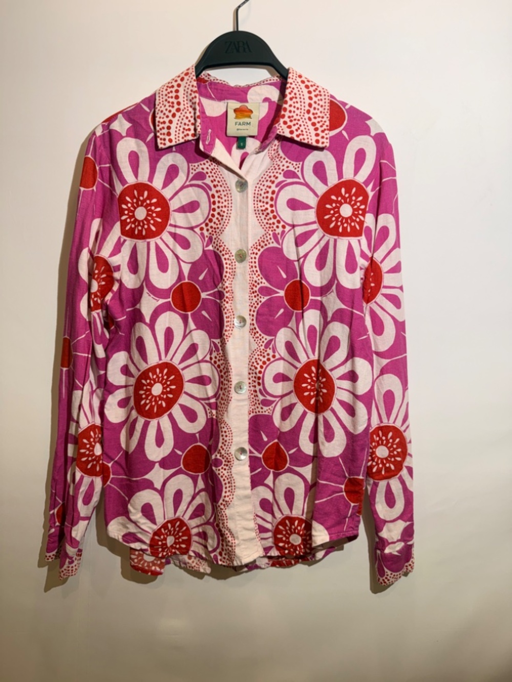 Farm Rio Anthropologie Long Sleeve Linen Tropical Print Buttondown Shirt S - Picture 2 of 12